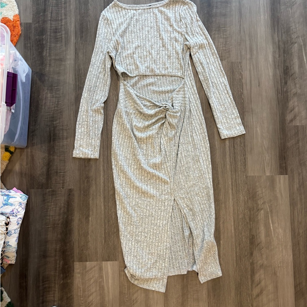 SHEIN Ribbed Twist-Front Maxi Dress - Light Gray